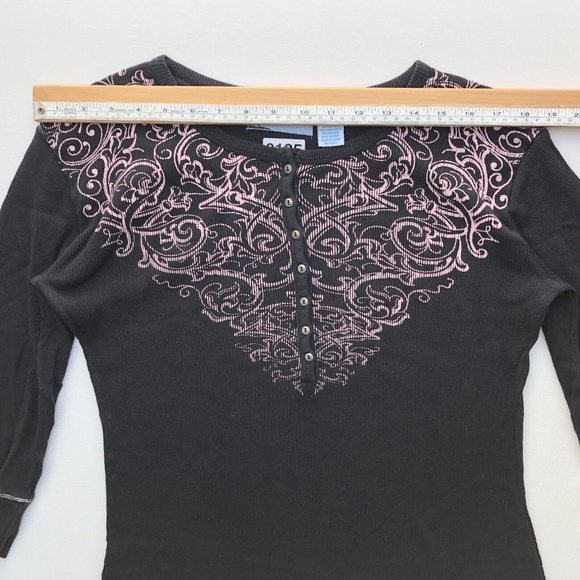 Y2K 2000s Ribbed Knit 100% Cotton Black Pink Cyber Punk Emo Goth 1/2 Button Up L - Picture 7 of 12